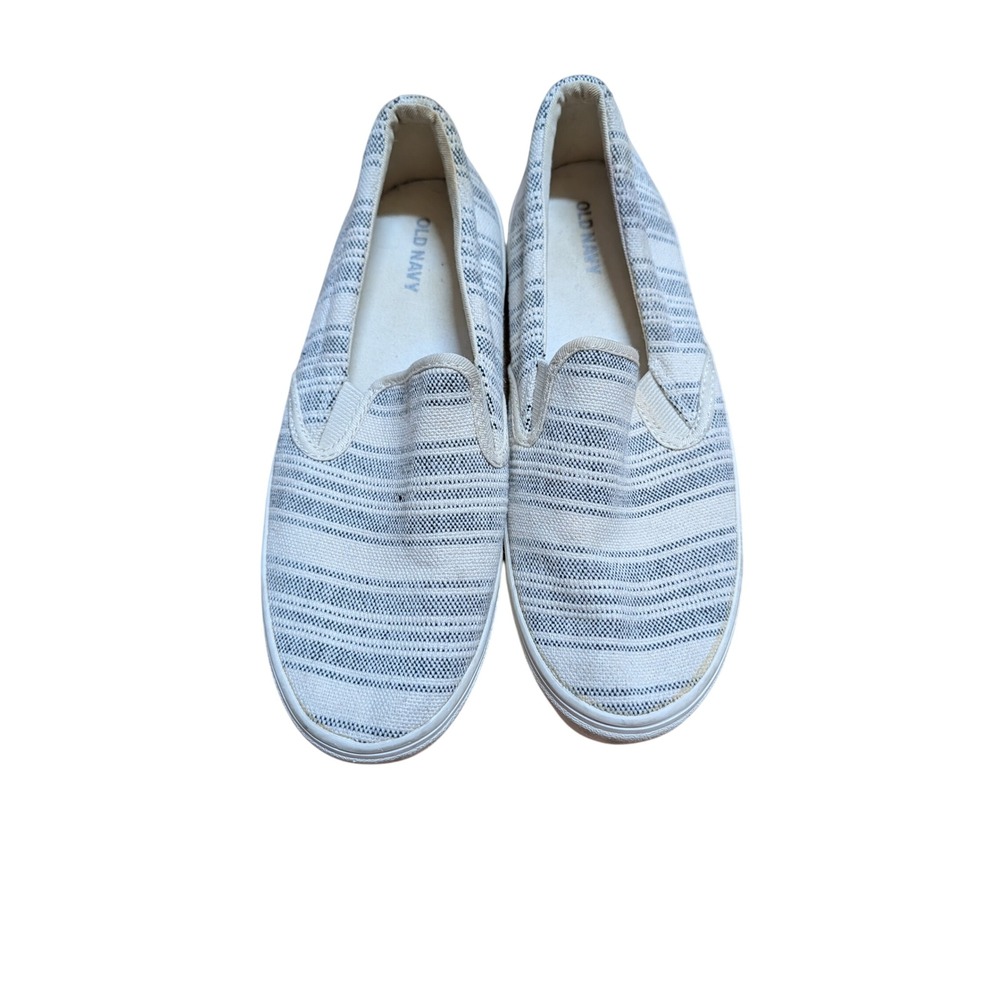 Old Navy Slip On Sneakers Women Size 8 White Navy Striped Canvas Good Flat Shoes